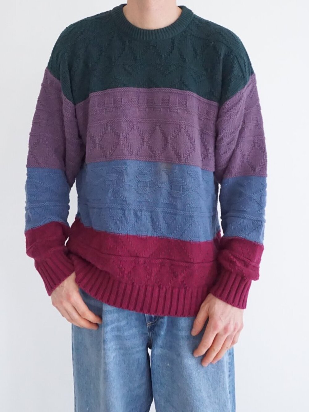 VTG Eddie Bauer Green Purple Burgundy Colorblock Geometric Textured Sweater M